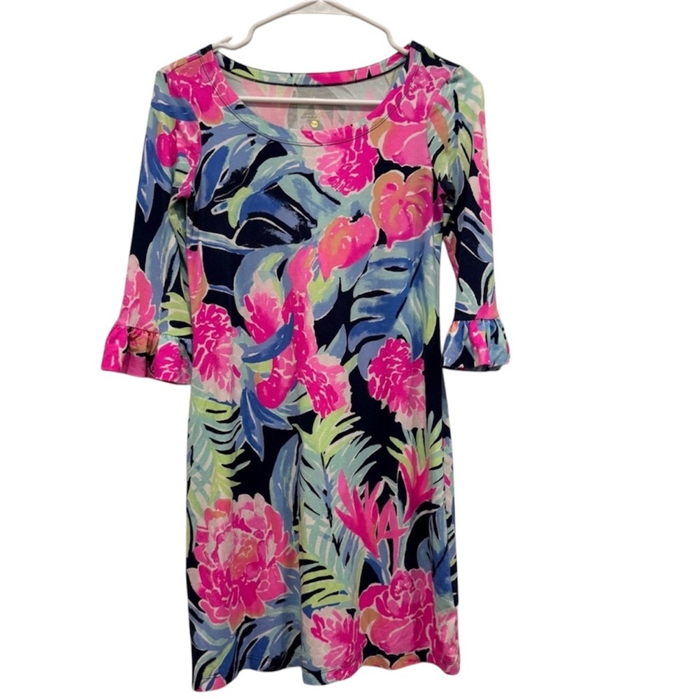 Lilly Pulitzer Sophie UPF 50 Ruffle High Tide Navy Tropicolada Dress Size XXS